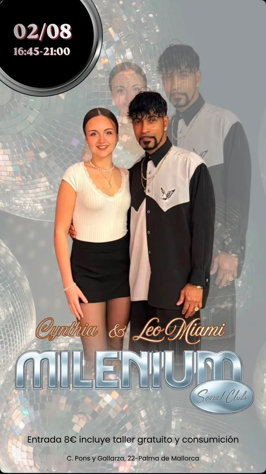 Cartel de Tarde social en Millenium — taller con Cynthia & Leo Miami